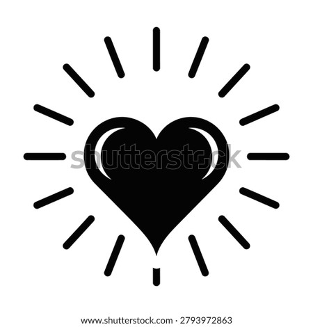 A minimalist black heart symbol surrounded by radiating beams of light. This simple design represents love, affection, care, positivity, and emotional connection.