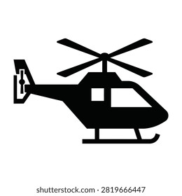 Minimalist black helicopter icon isolated on white background. Simple silhouette of rotorcraft. Aviation symbol for transport, travel, and emergency services.