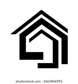 Minimalist black house icon, sign or symbol, perfect for representing residential or real estate concepts in trendy way. Geometric house logo. Vector house silhouette, isolated on white background. 