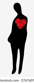 Minimalist black human figure with red heart emotional concept illustration