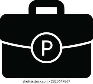 A minimalist black icon of a briefcase featuring a circular emblem with the letter P in the center, representing business, professional work, or corporate portfolio management.