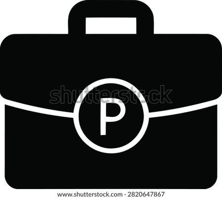 A minimalist black icon of a briefcase featuring a circular emblem with the letter P in the center, representing business, professional work, or corporate portfolio management.