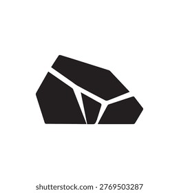 Minimalist black icon of a broken rock or mineral fragment, symbolizing resilience, natural resources, geology, and powerful foundations in abstract design.