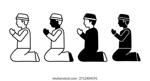 Un Paquete minimalista de íconos negros que representa a un hombre musulmán rezando, perfecto para imágenes de adoración, educación religiosa y temas espirituales.