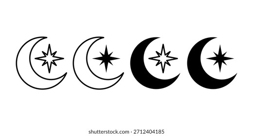 Un Paquete minimalista de iconos negros con una luna creciente con una estrella, ideal para fiestas islámicas, diseños espirituales y decoraciones festivas.