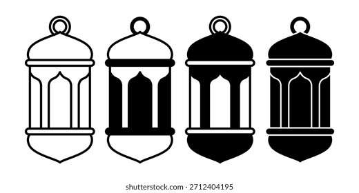 Um feixe de ícones pretos minimalista de lanternas islâmicas, ideal para noites de Ramadã, decoração Eid e arte festiva espiritual.
