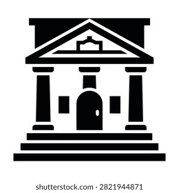 Minimalist black icon of a classical bank building featuring columns and a pediment. Ideal for finance, economy, and banking concepts on white background.