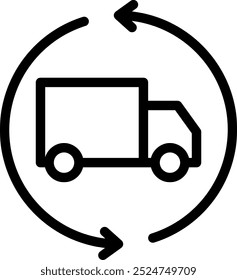 Minimalist black icon of a delivery truck surrounded by circular arrows, representing recycling and eco-friendly transport concepts.