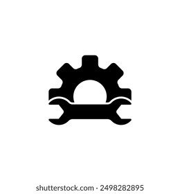 A minimalist black icon depicting a stylized gear shape with a wrench symbol, representing industrial, engineering, or technology-related concepts such as maintenance, repair, or customization