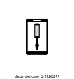 A minimalist black icon depicting a stylized smartphone silhouette with a simple tool or utility icon within it, representing mobile device functionality, customization, or repair capabilities.