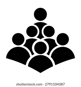 A minimalist black icon displaying a pyramid of people figures, symbolizing team management, leadership, organizational structure, community, and social networking.