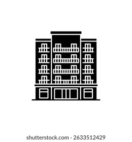 A minimalist black icon displays a multi-story apartment building, clearly showing windows and distinct balconies, on a transparent backdrop.