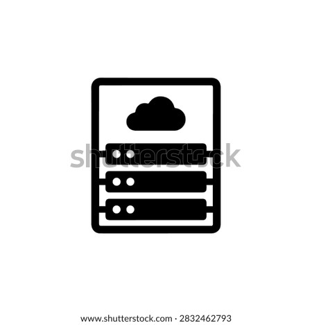 A minimalist black icon featuring a cloud symbol above server rack units representing cloud computing storage and data management.