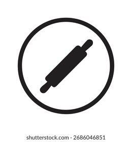 A minimalist black icon featuring a rolling pin diagonally placed within a bold circular outline, representing baking or cooking.