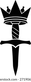 Minimalist black icon featuring a sharp dagger combined with a kingly crown representing power, authority, and noble heritage for creative graphic projects. Vector illustration