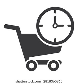 A minimalist black icon featuring a shopping cart combined with a clock symbol. Represents concepts of fast delivery, express shipping, order time, and efficiency.