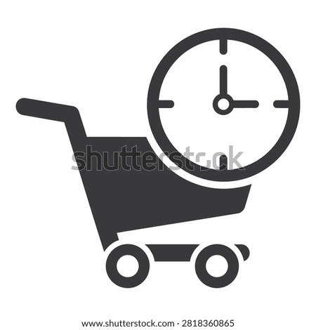 A minimalist black icon featuring a shopping cart combined with a clock symbol. Represents concepts of fast delivery, express shipping, order time, and efficiency.