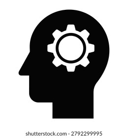 A minimalist black icon featuring a side profile of a human head containing a gear cog, symbolizing intelligence, mental processing, creativity, and cognitive power.