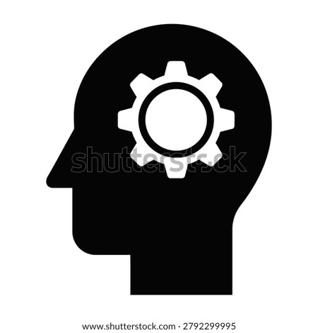 A minimalist black icon featuring a side profile of a human head containing a gear cog, symbolizing intelligence, mental processing, creativity, and cognitive power.