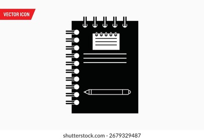 Um ícone preto minimalista com um caderno em espiral com páginas em branco com linhas e uma caneta. Ideal para design gráfico, aplicativos de anotações ou marcas de artigos de papelaria.