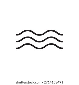 Un ícono negro minimalista con tres líneas onduladas paralelas que representan el movimiento del líquido o fluido del agua aislado en un fondo blanco perfecto para el Diseño web y las aplicaciones.
