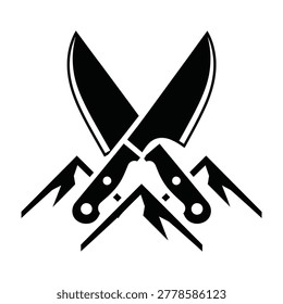 A minimalist black icon featuring two crossed kitchen chef knives integrated with sharp mountain peaks. Perfect for culinary adventure brands, outdoor cooking logos.