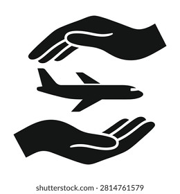 Minimalist black icon featuring two hands cradling a flying airplane. Symbolizes safety, security, protection, and care in the aviation industry and travel sector.