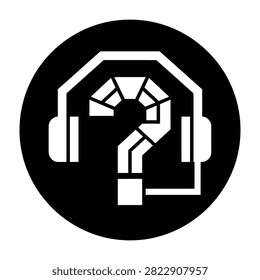 Minimalist black icon featuring white headphones and a question mark. Symbolizes audio support, help desk, customer service, and inquiries. Ideal for web and app design.