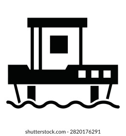 A minimalist black icon of a floating platform or pontoon on water. Ideal for marine engineering, maritime transport, offshore construction, and harbor infrastructure.