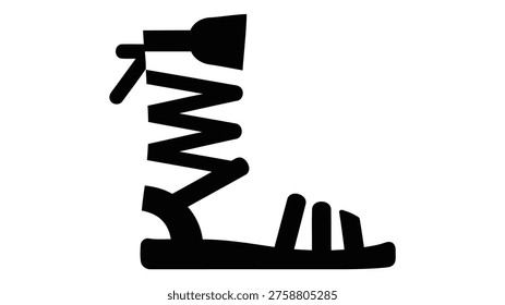 A minimalist black icon of gladiator sandals, representing stylish strappy footwear inspired by ancient design, isolated on a white background.