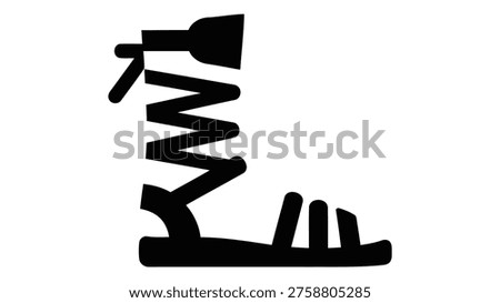 A minimalist black icon of gladiator sandals, representing stylish strappy footwear inspired by ancient design, isolated on a white background.