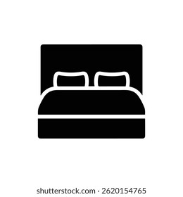 Minimalist Black Icon of a Hotel Room with a Bed, Pillows, and Blanket