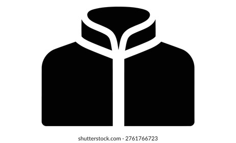A minimalist black icon of a Mandarin collar shirt, representing a modern shirt style with a distinctive standing collar design, isolated on white.
