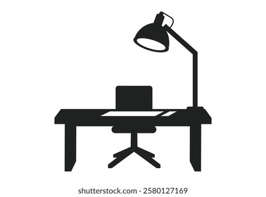 Minimalist Black Icon of Office Desk with Lamp