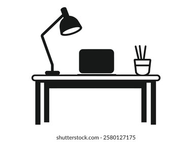 Minimalist Black Icon of Office Desk with Lamp