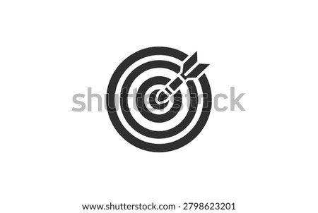 A minimalist black icon on a white background depicts a dart precisely hitting the bullseye of a circular target, symbolizing accuracy, goal achievement, success, and focused strategy