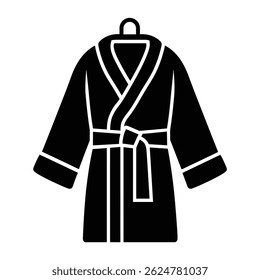 A minimalist black icon of a person wearing a bathrobe and towel