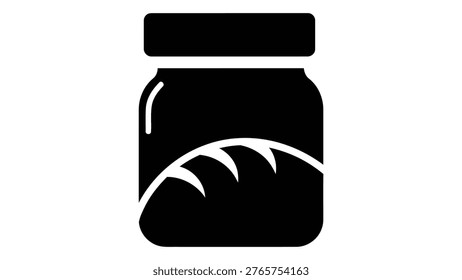 A minimalist black icon representing an artisan sourdough starter in a glass jar, symbolizing baking, fermentation, and homemade bread preparation.