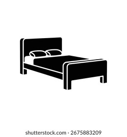 Un icono negro minimalista que representa una cama, con dos almohadas. Este sencillo gráfico es ideal para su uso en diseños relacionados con el hogar, la hospitalidad o el descanso y la relajación.
