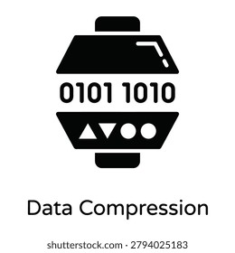 A minimalist black icon representing data compression with binary code and geometric shapes on a white background.