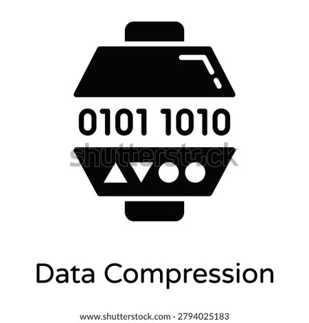 A minimalist black icon representing data compression with binary code and geometric shapes on a white background.