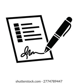 A minimalist black icon representing a document being signed with a pen. This symbol is perfect for business contracts, legal agreements, official forms, and paperwork.