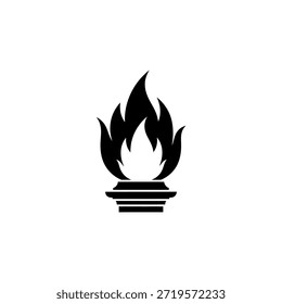 Um ícone preto minimalista representando uma chama, possivelmente um símbolo de tocha ou fogo, colocado contra um pano de fundo branco limpo.