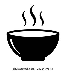 Minimalist black icon representing a hot bowl with steam rising from the top. Ideal for menu design, restaurant branding, and food delivery applications.