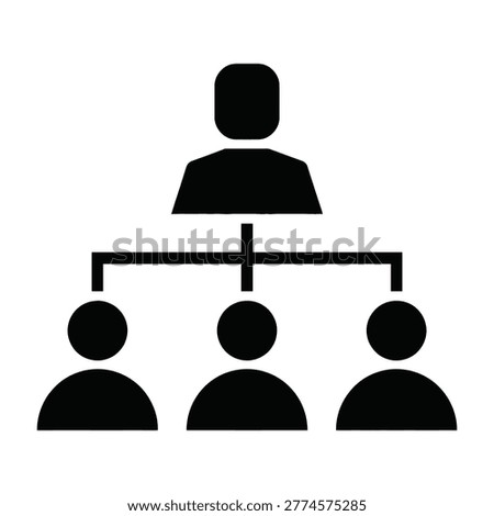 A minimalist black icon representing an organizational structure with a supervisor leading a team of three subordinates. Ideal for corporate hierarchy and management.