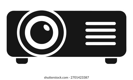A minimalist black icon representing a projector, a device used for displaying images or videos onto a screen. Isolated on a clean white background for easy integration into designs.