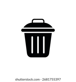 Un ícono negro minimalista que representa un bote de basura con tapa y listones de Vertical. Útil para interfaces digitales y diseño.