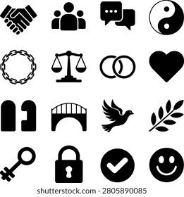 Minimalist black icon set featuring symbols for communication unity law love and spirituality
