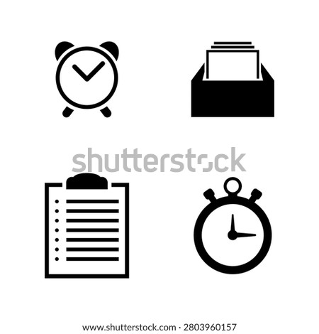 Minimalist black icon set featuring an alarm clock, document tray, clipboard with a checklist, and a stopwatch for time management.