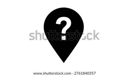 A minimalist black icon shaped like a map marker features a prominent white question mark inside. It conveys uncertainty regarding a geographical location.
